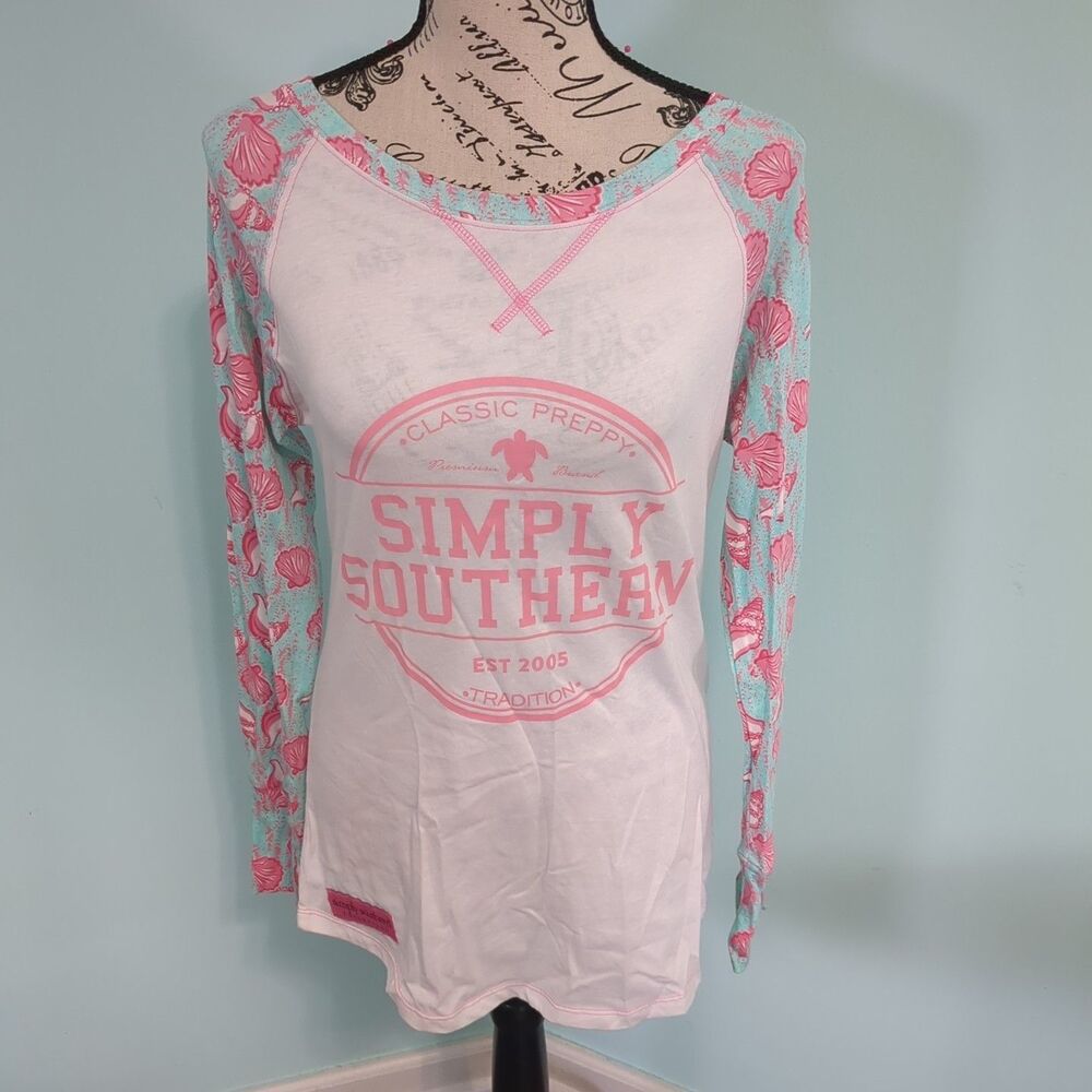 Simply southern preppy tradition white pink seashell long sleeve shirt new small